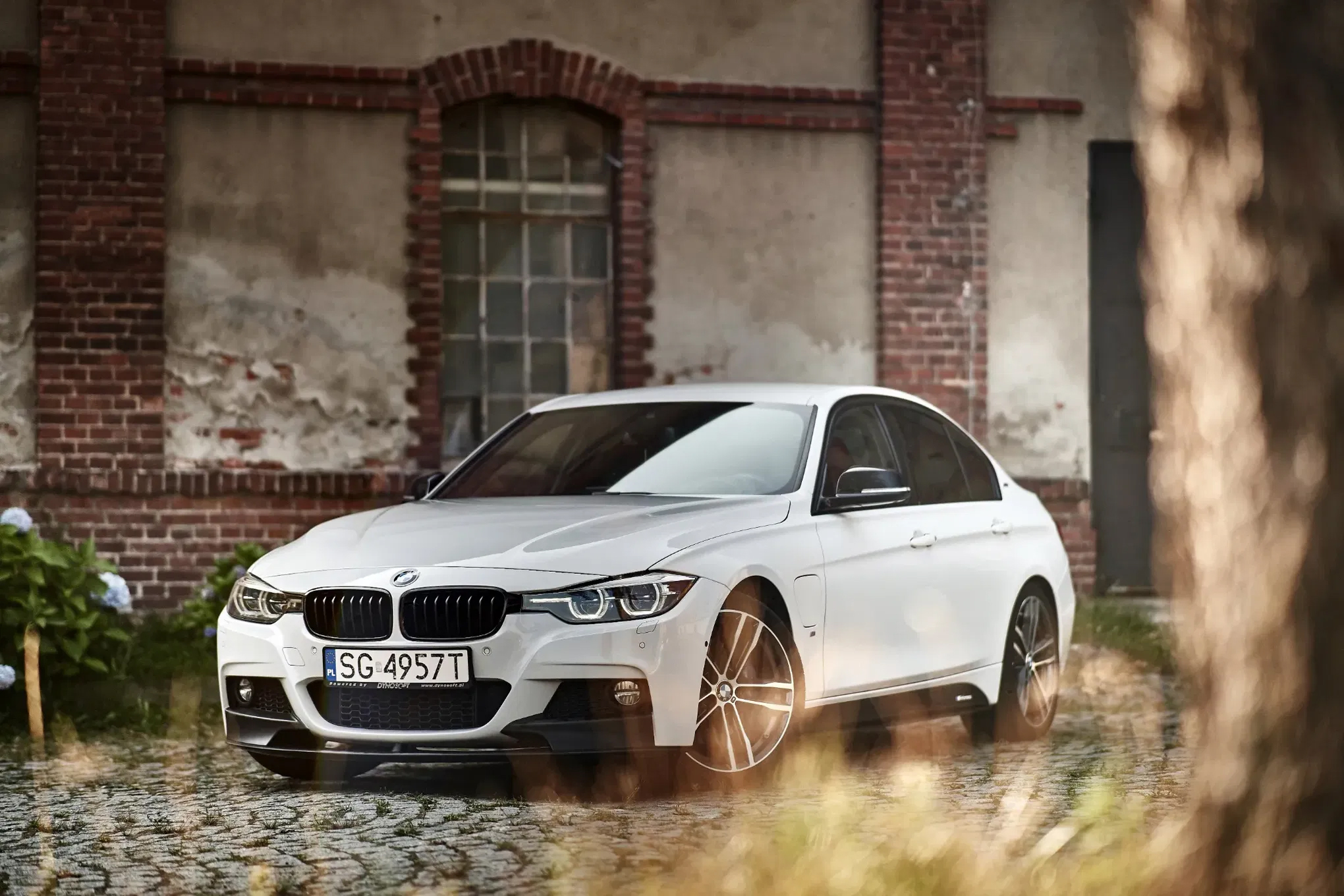 Białe BMW od przodu na tle ceglanego budynku, w ciepłym świetle