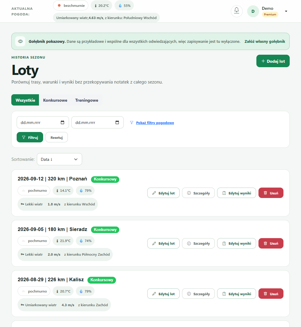Lista lotów z dystansem, miejscem startu, pogodą i dostępem do wyników.