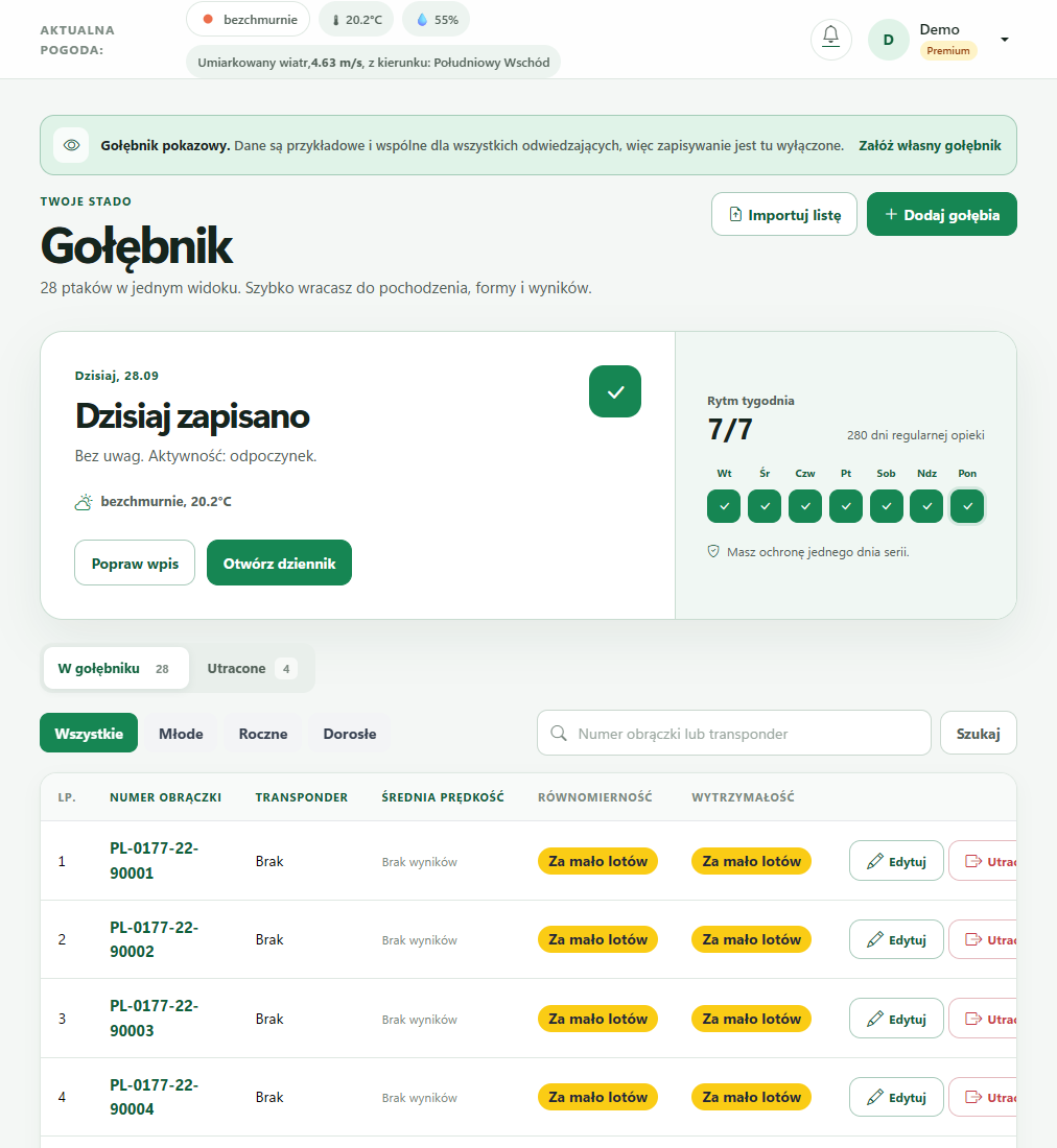 Gołębnik na koncie demo: codzienna opieka, lista ptaków i filtry według wieku.