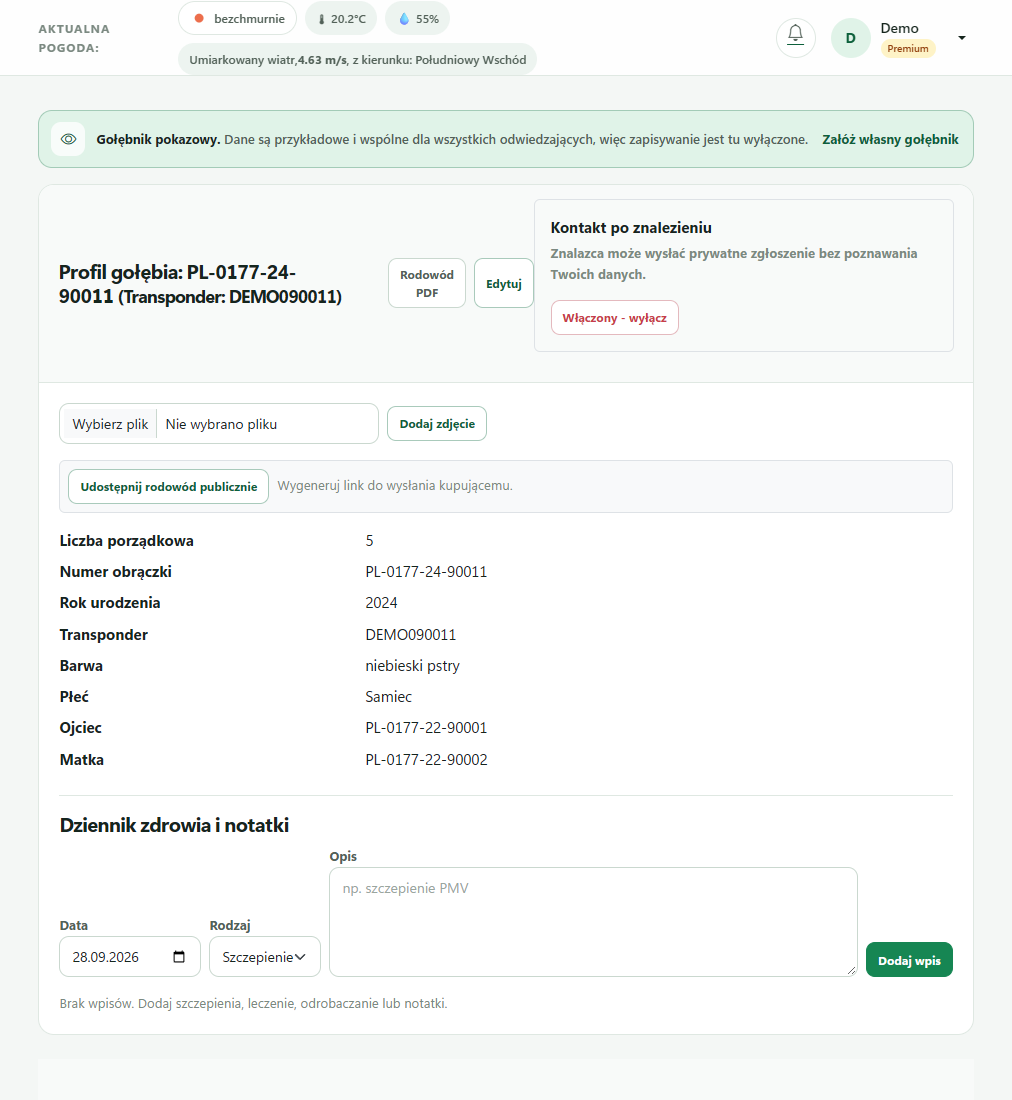 Karta gołębia: numer obrączki, rodzice, rodowód PDF oraz dziennik zdrowia.